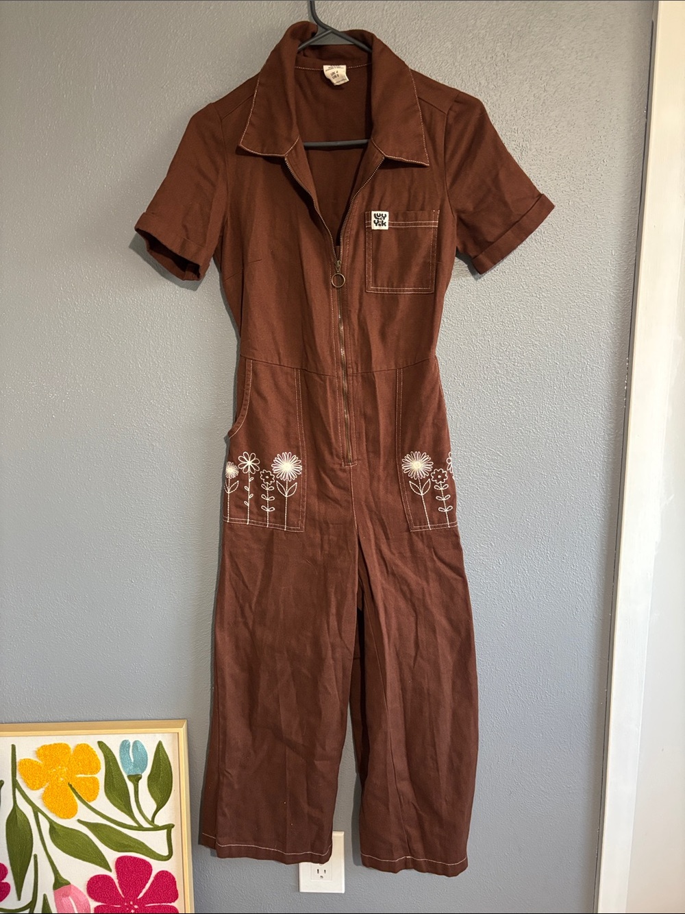 Lucy & Yak Brown Women's Jumpsuit with Floral Embroidery